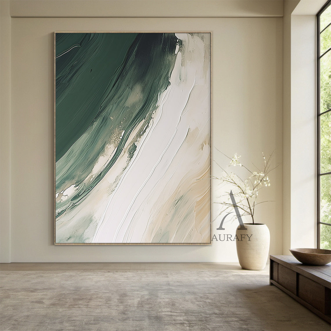 General Abstract White Modern Organic Art with Knife Strokes Thick Impasto Fluid Green Layers AURA489