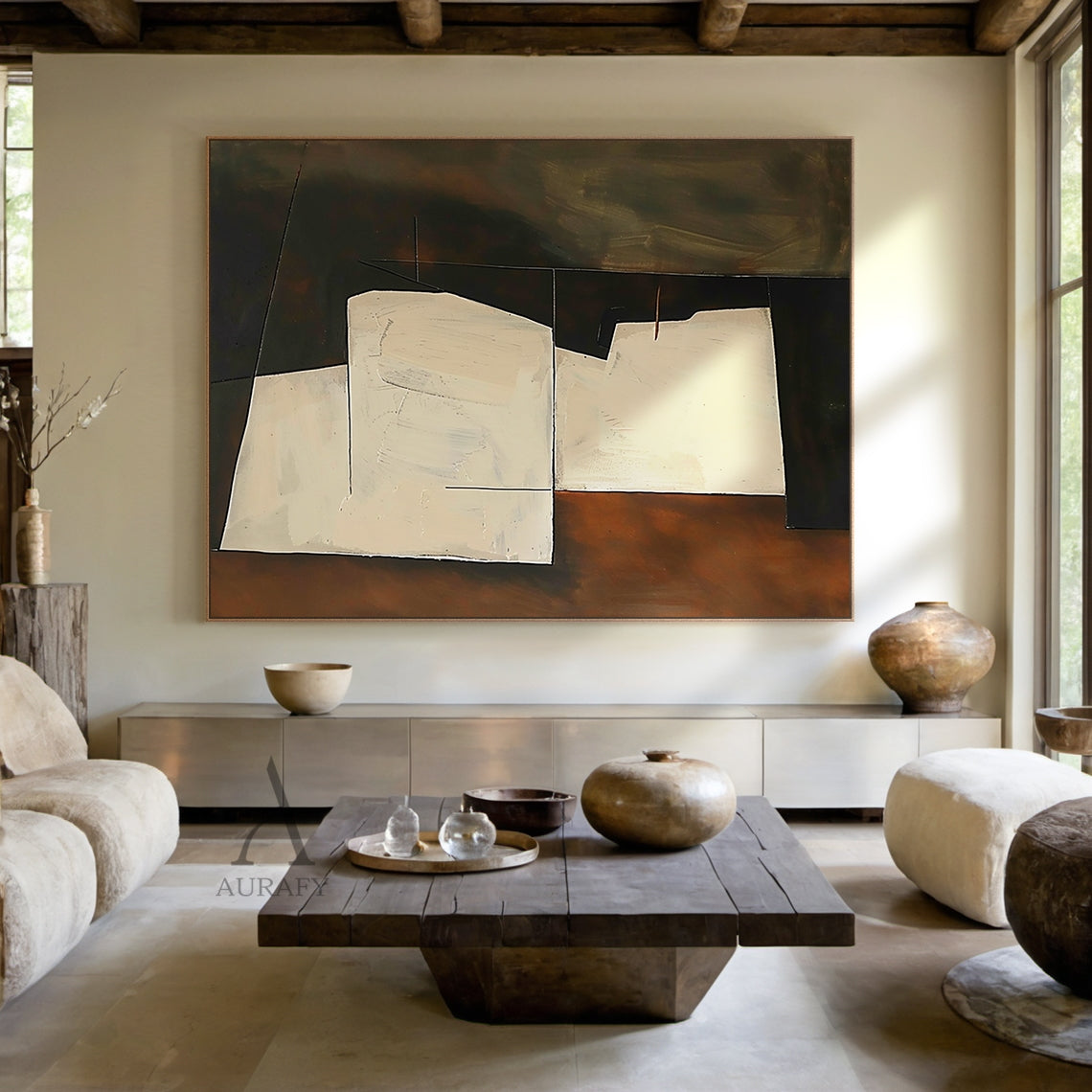 Beige Angular Abstract Forms on a Smoky Brown Ground - AURA841