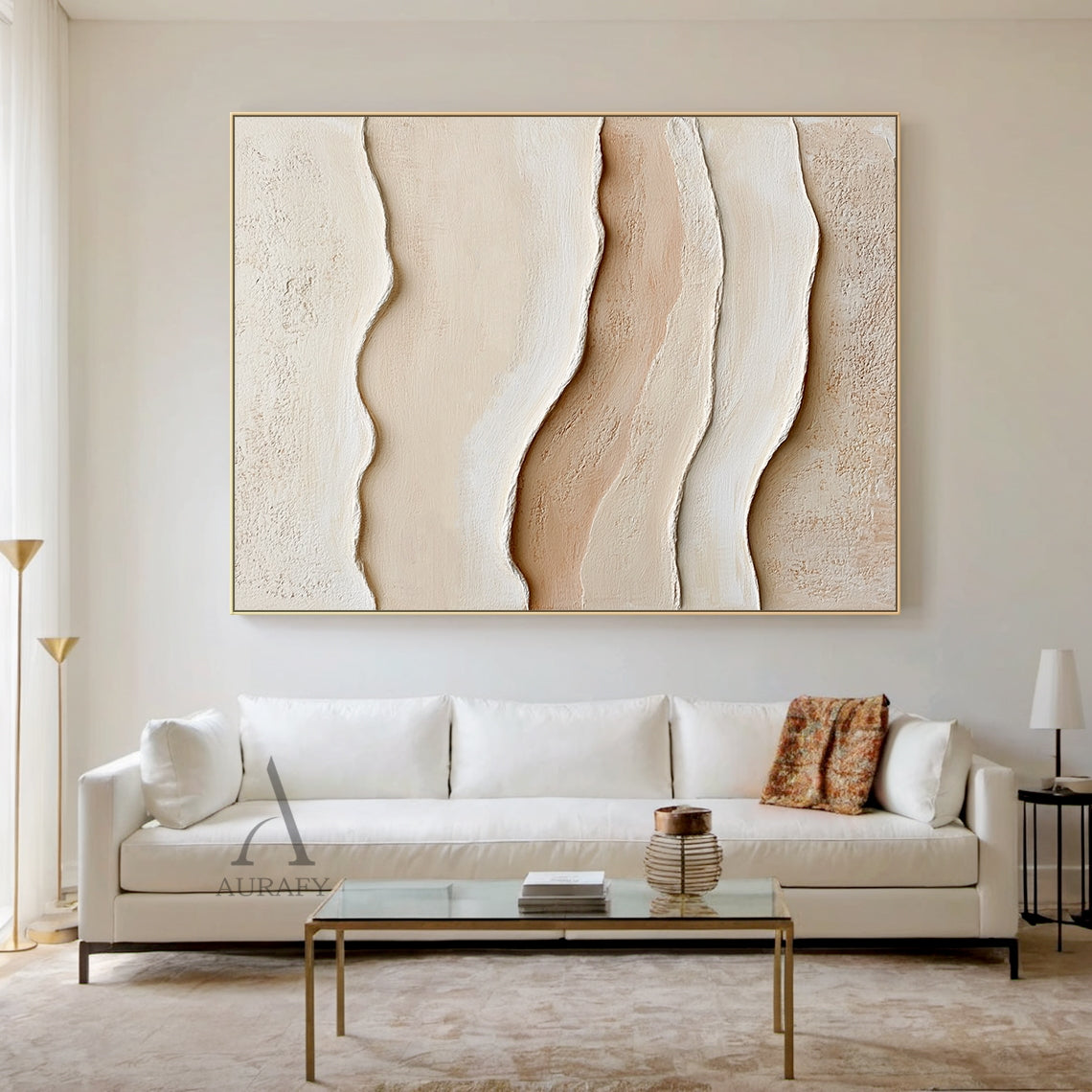 3D Textured Beige Painting Tactile Plaster Surface Sculpted Wave Modern Organic Wabi-Sabi Artwork AURA435