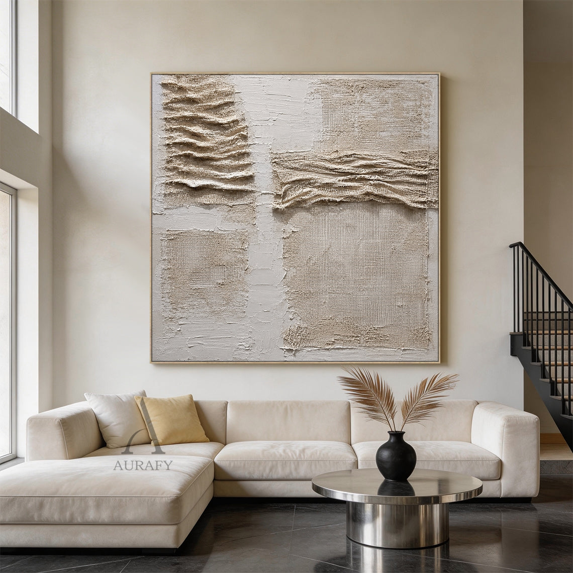 Soft Fold, Beige Brown Mesh and Plaster Textured Painting AURA857