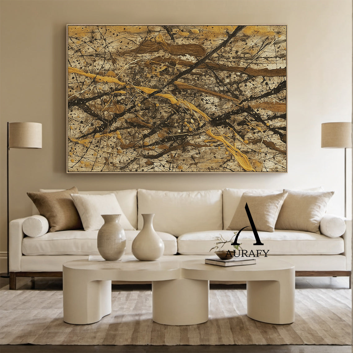 Wabi Sabi Brown Abstract Art Textured Canvas Splattered Earthy Tones Organic Branch Lines Tactile Surface AURA569