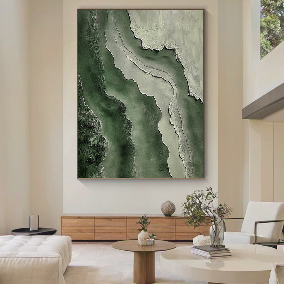 Abstract Textural Wall Art – Forest Green & Stone Layers – AURA041(Vertical)