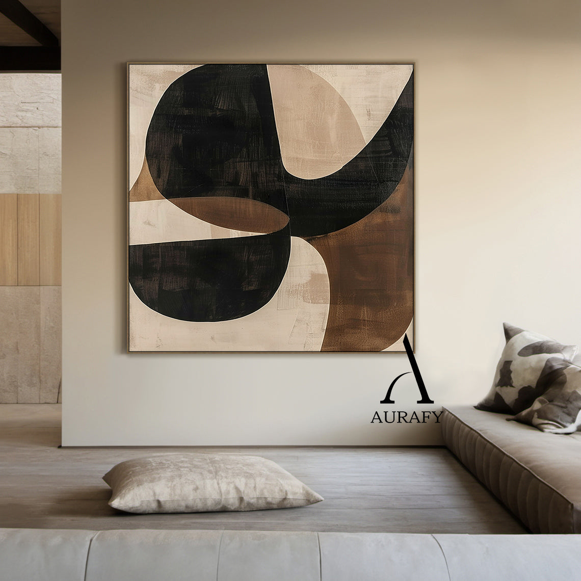 Wabi Sabi Beige Brown Hand-Painted Art Organic Curves Brushstroke Texture Tactile Wall Decor AURA575
