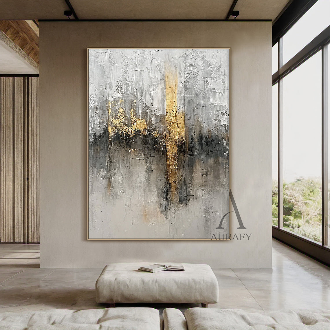 Abstract Gray White Gold Art with Knife Strokes Tactile Sculpted Minimalist Luxe Canvas AURA497