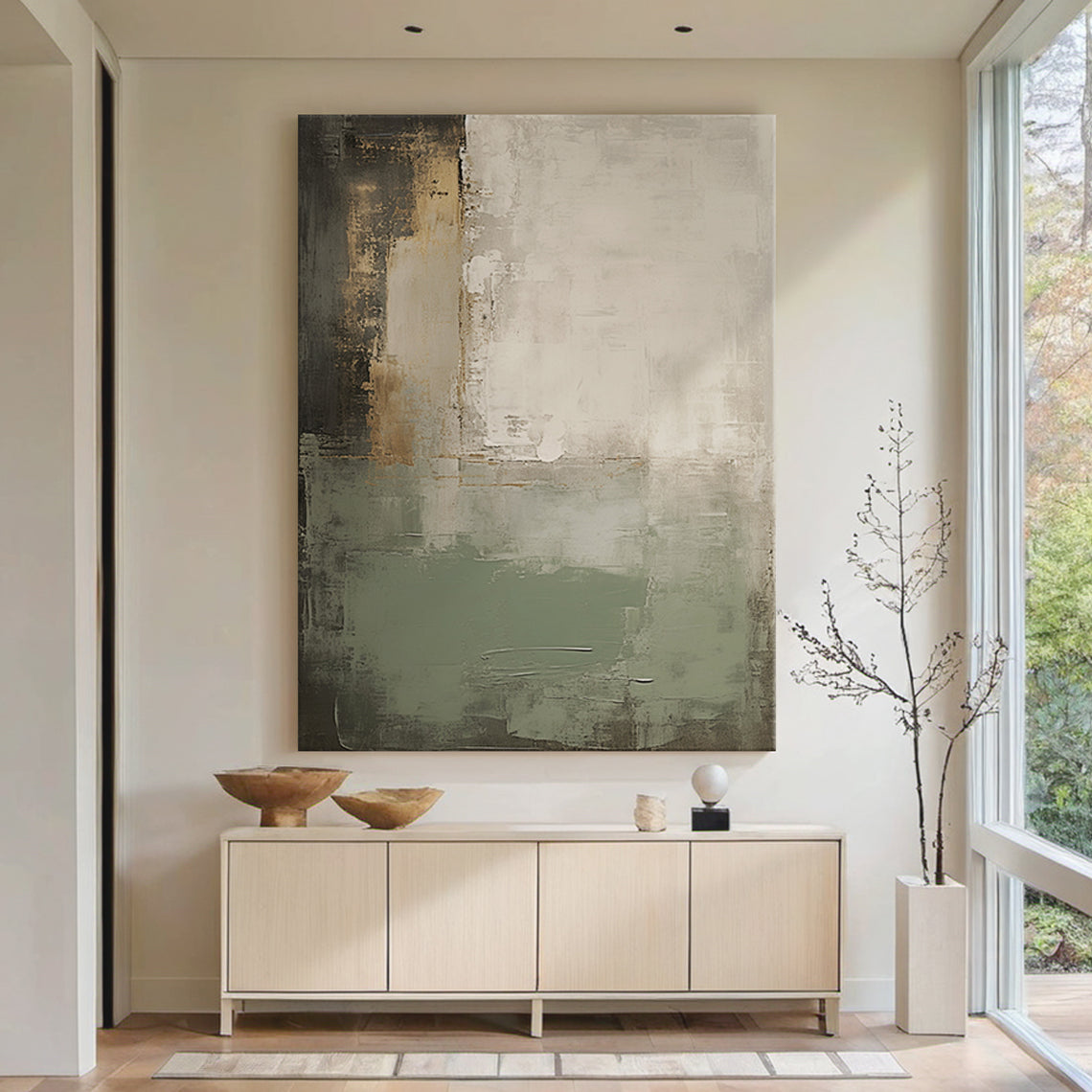 Modern Textural Abstract Wall Art – Sage Green & Earth Neutrals – AURA023(Vertical)