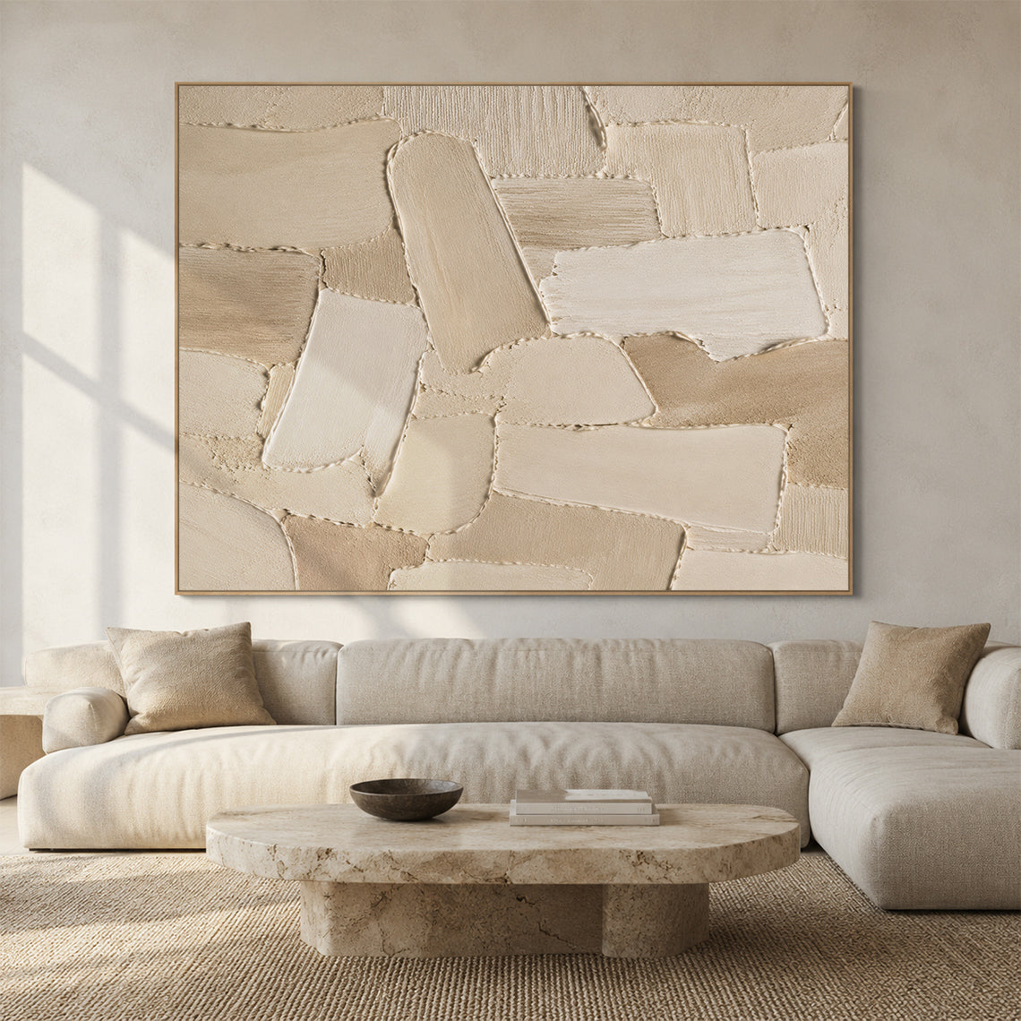 Beige 3D Palette Knife Stroke Plaster Sculpted Canvas Minimalist Japandi Neutral Wall Art AURA755