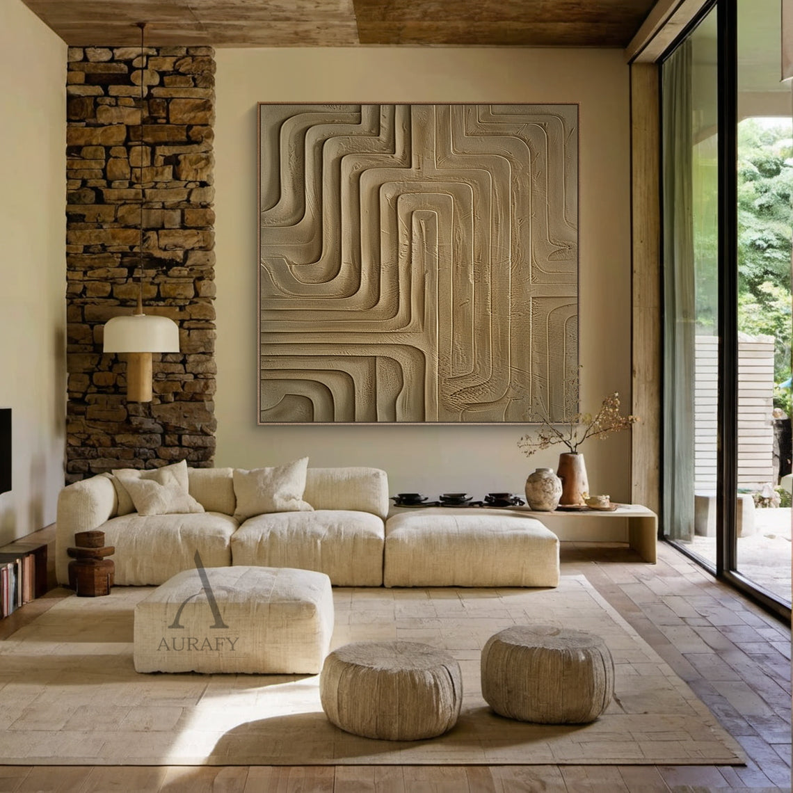 Minimalist Wall Art Brown High-Relief Plaster Tactile Surface Sculpted Geometric Lines Minimalist Luxe Decor AURA432