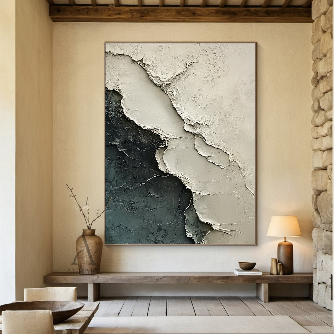 Abstract Landscape Art Impasto Cracked Texture Beige Black Wabi-Sabi Tactile Canvas Wall Decor AURA440