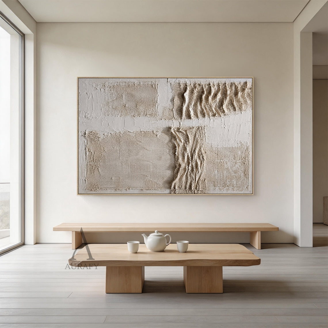 Soft Fold, Beige Brown Mesh and Plaster Textured Painting AURA857