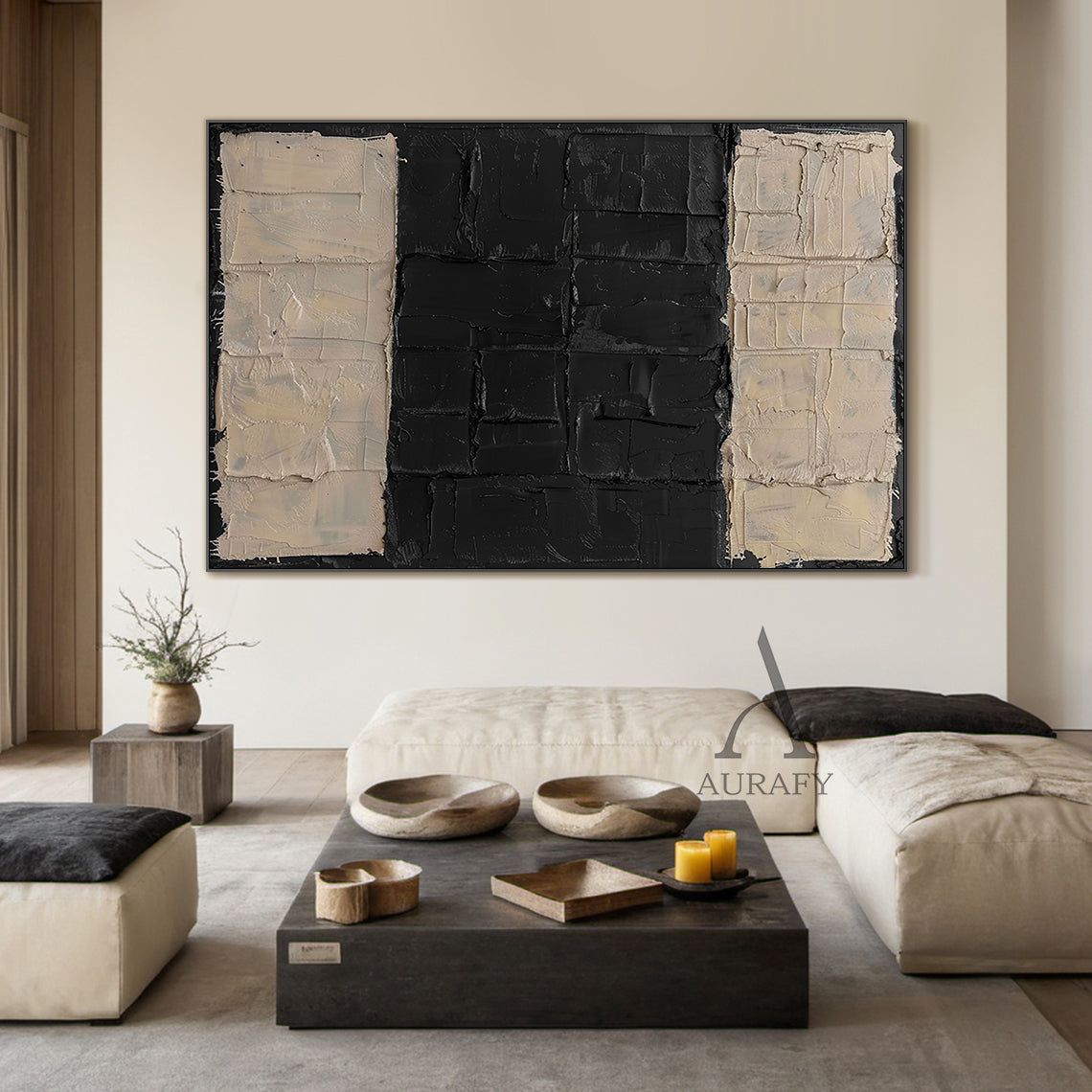 General Abstract Beige Black Impasto Texture Wabi-Sabi Tactile Artwork Modern Organic Sculpted Canvas AURA474