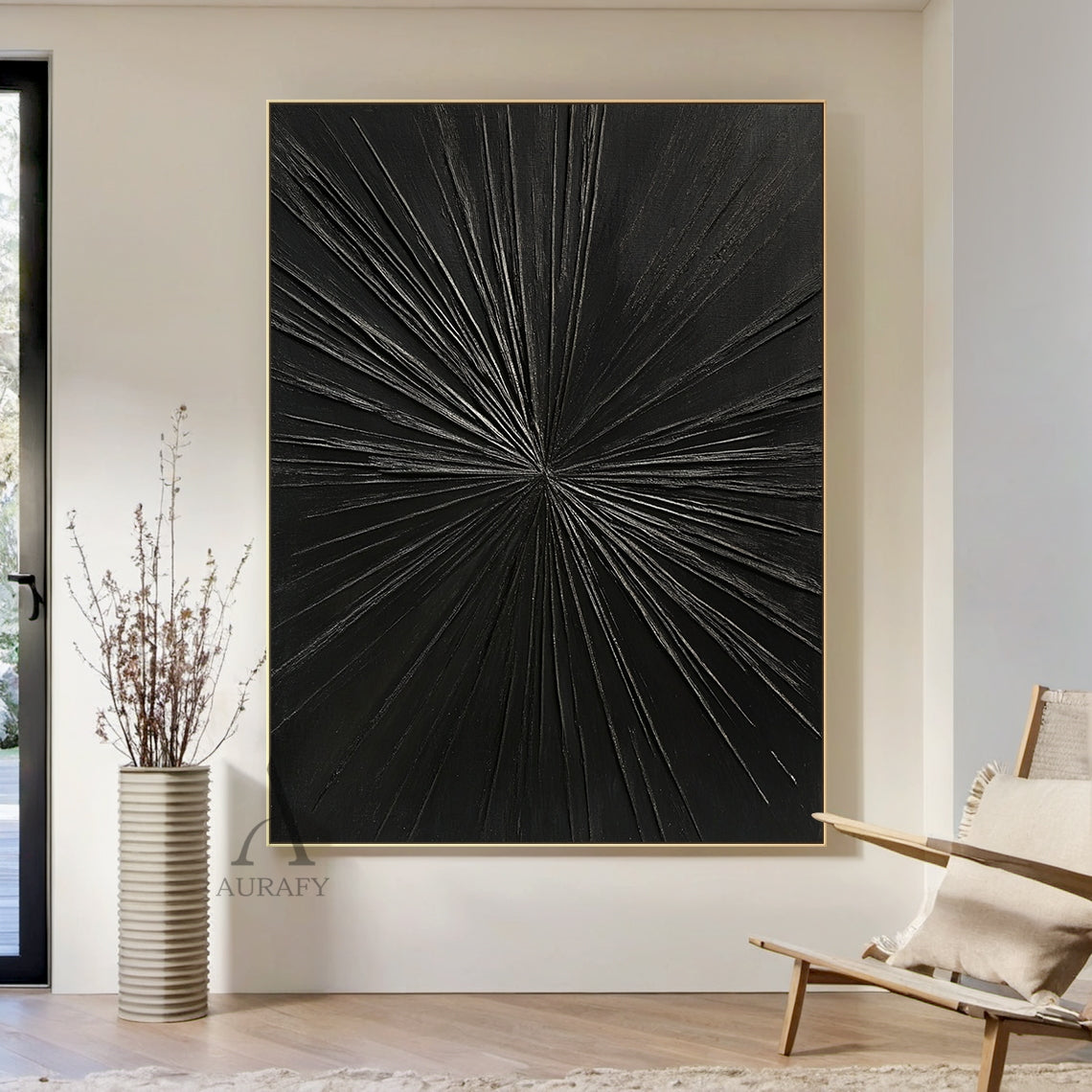 Minimalist Black Wall Art Tactile High-Relief Scratch-Textured Silver Metallic Lines Sculpted Abstract AURA456