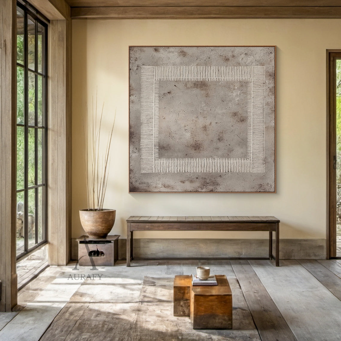 Gray Abstract Art Plaster Textured Woven Line Frame Retro Industrial Minimalist Wall Decor AURA593