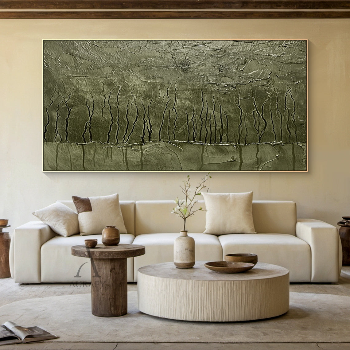 Green Abstract Art Thick Impasto Tactile Surface Vertical Drip Lines Sculpted Wall Art AURA461