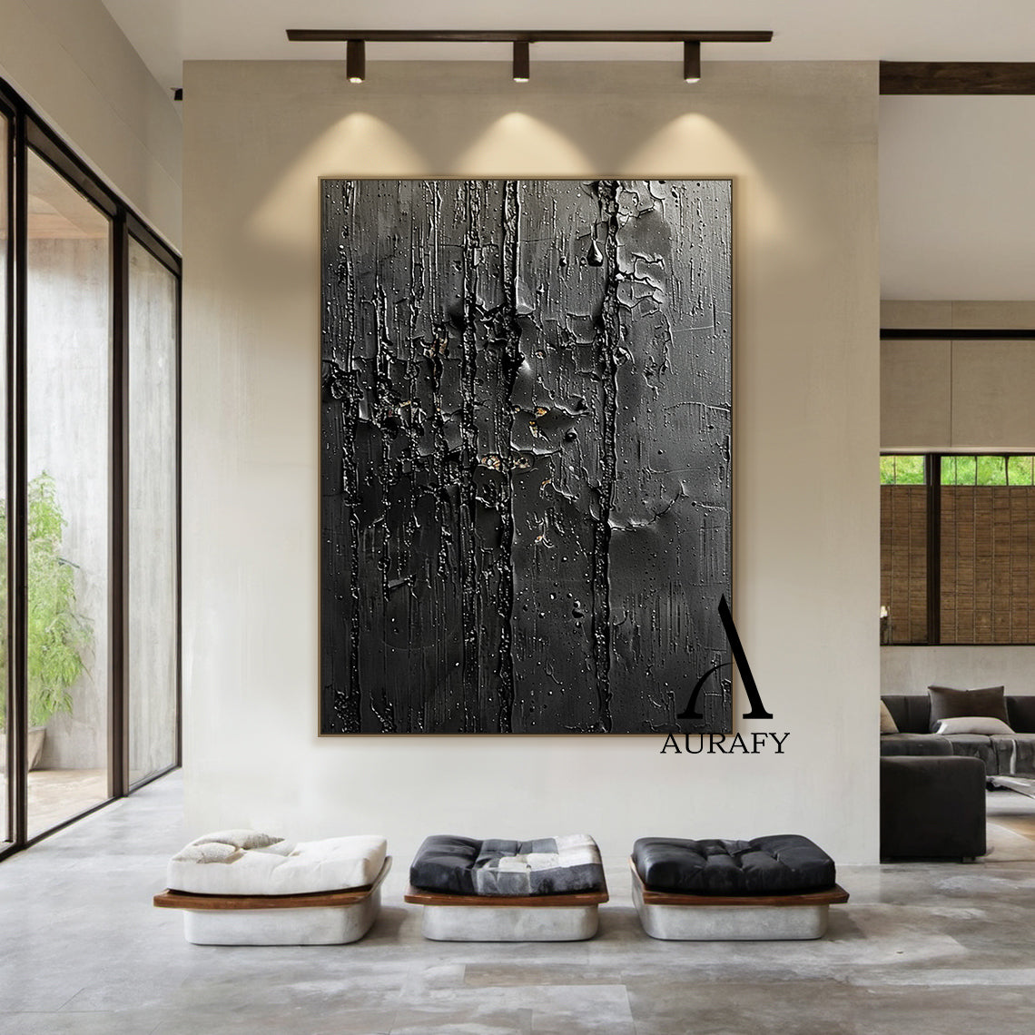 3D Textured Black Abstract Minimalist Painting Cracked Impasto Raised Ridges Tactile Artwork AURA529