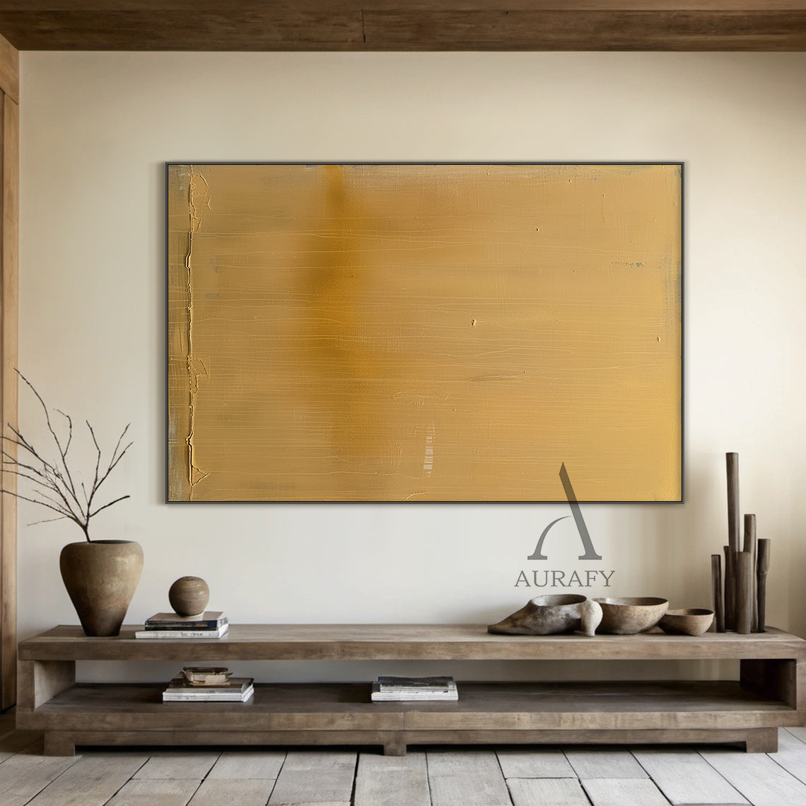 Yellow Abstract Art Tactile Surface Vertical Brushstrokes Crackled Edge Minimalist Luxe Original Canvas AURA480