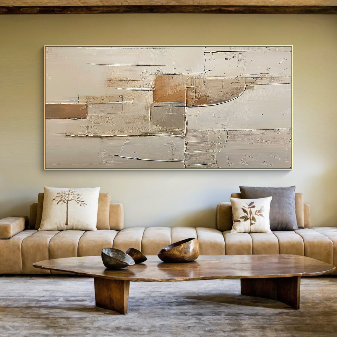 Wabi Sabi Beige Brown Impasto Artwork Tactile Surface Sculpted Canvas Irregular Block Design AURA577