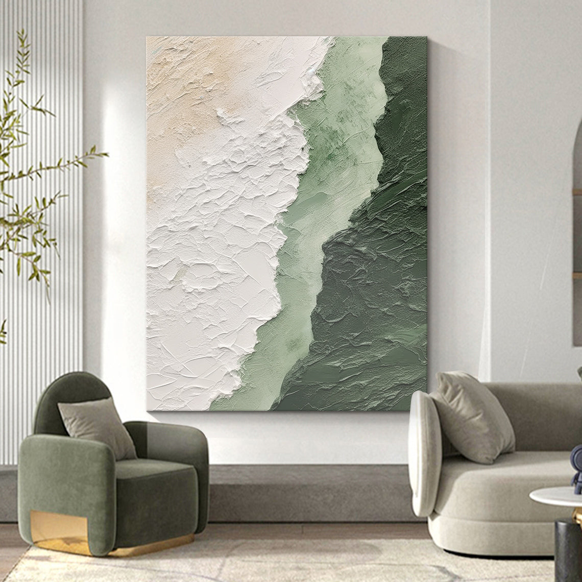 Moss Serenity Canvas – Moss Green & Ivory Textured Wall Art – AURA061