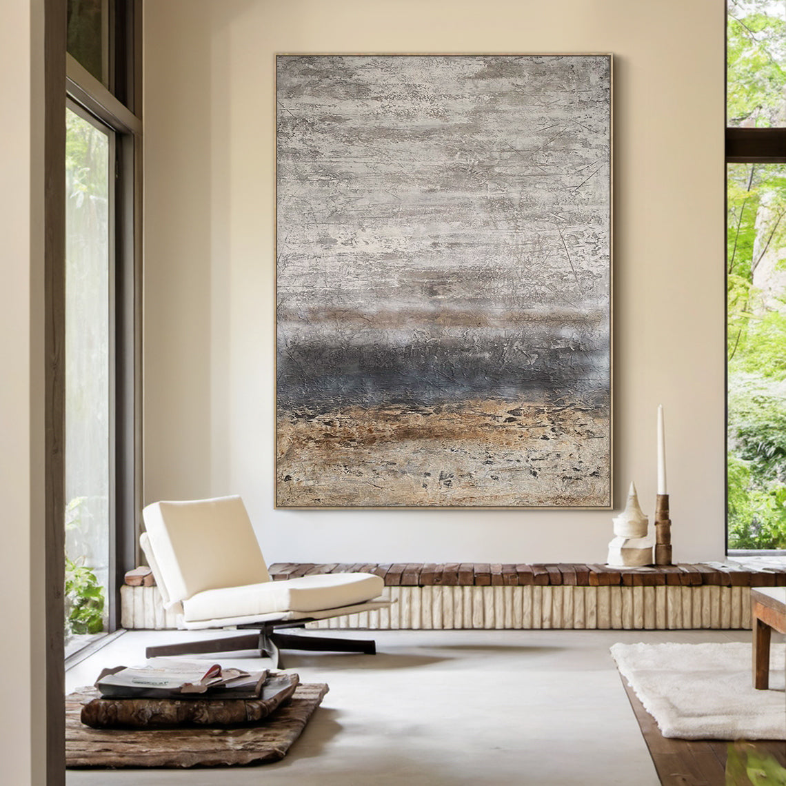 Weathered Horizon-Beige & Brown Wabi-Sabi Art-AURA074