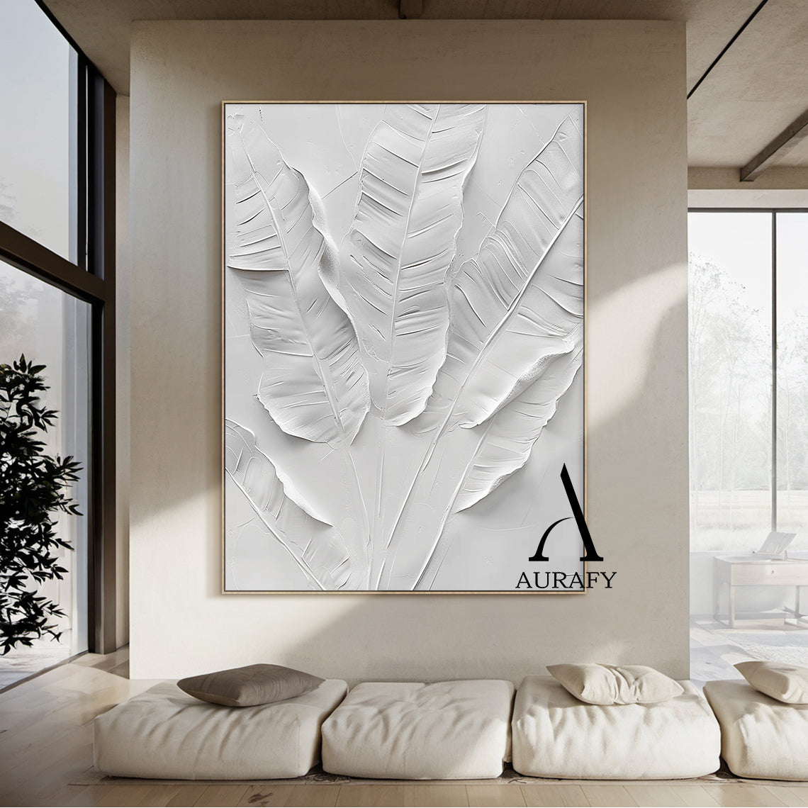 3D Textured White Banana Leaf Art High-Relief Sculpted Canvas Modern Organic Minimalist Luxe AURA523