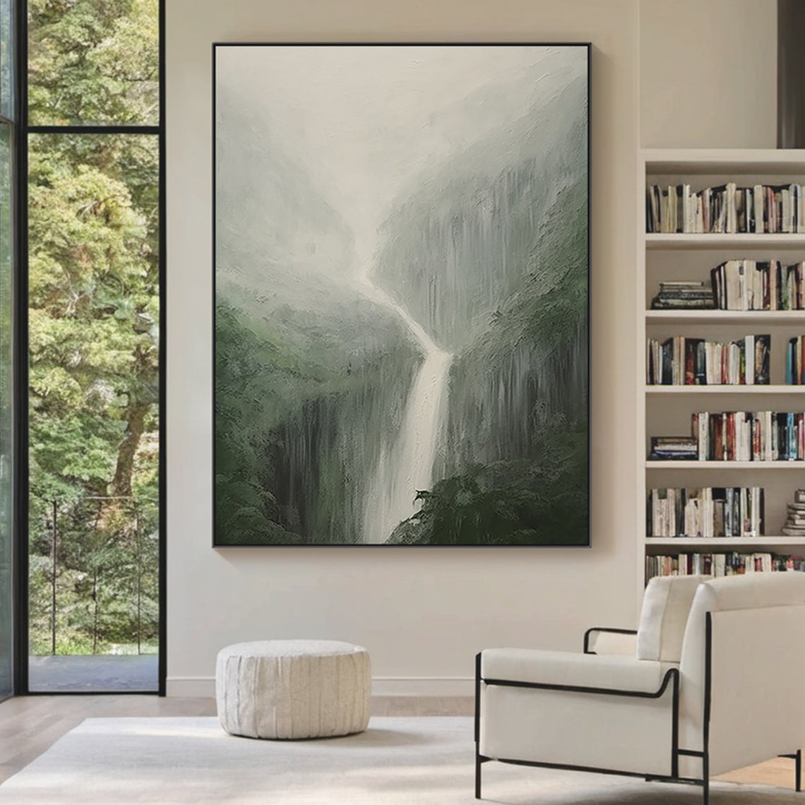 Minimalist Landscape Wall Art – Misty Waterfall & Forest Green – AURA040(Vertical)