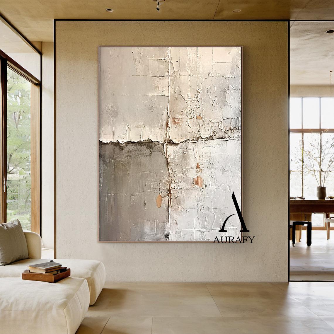 Wabi Sabi Beige Art Plaster Textured Peeling Wall Effect Handcrafted Minimalist Organic Canvas AURA563