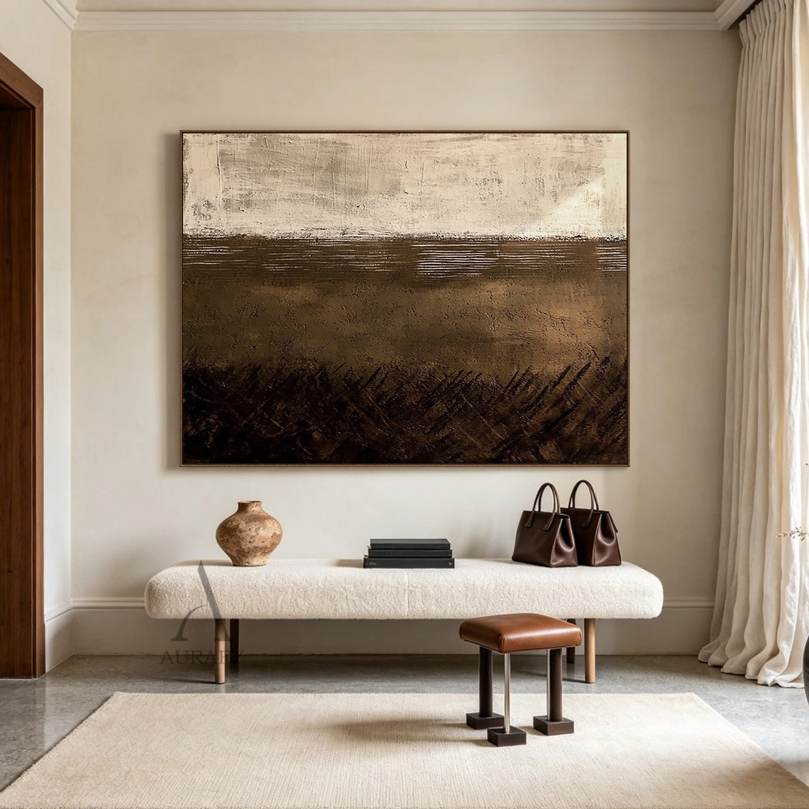 Dusk Horizon, Brown Beige Wabi Sabi Textured Painting AURA869