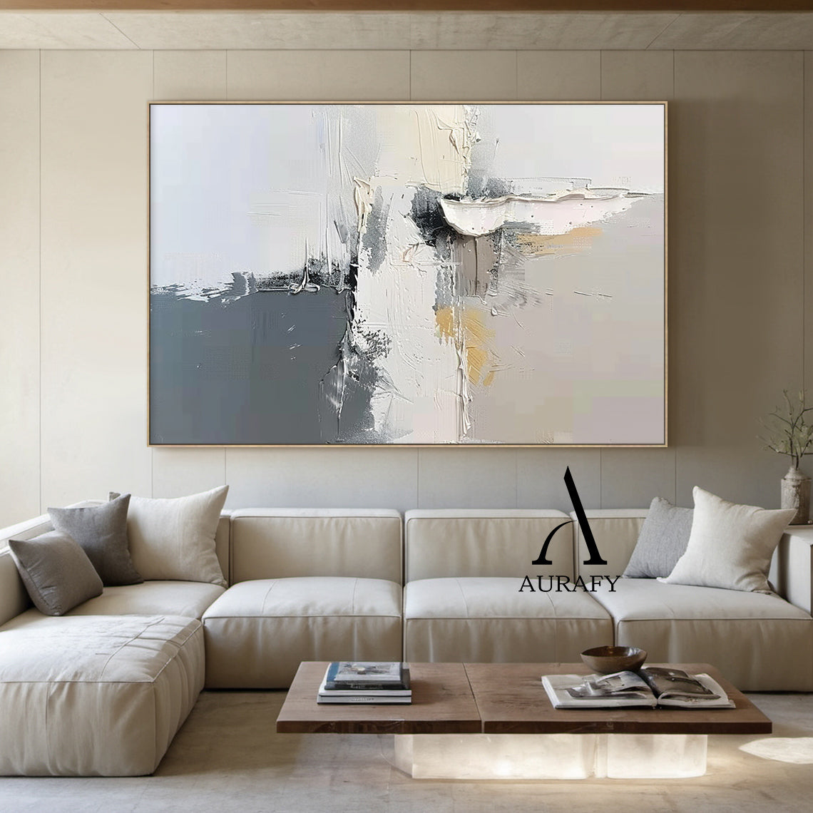 Minimalist Gray White Wall Art Wabi-Sabi Knife Stroke Plaster Textured Japandi Abstract Handcrafted Home Decor AURA543