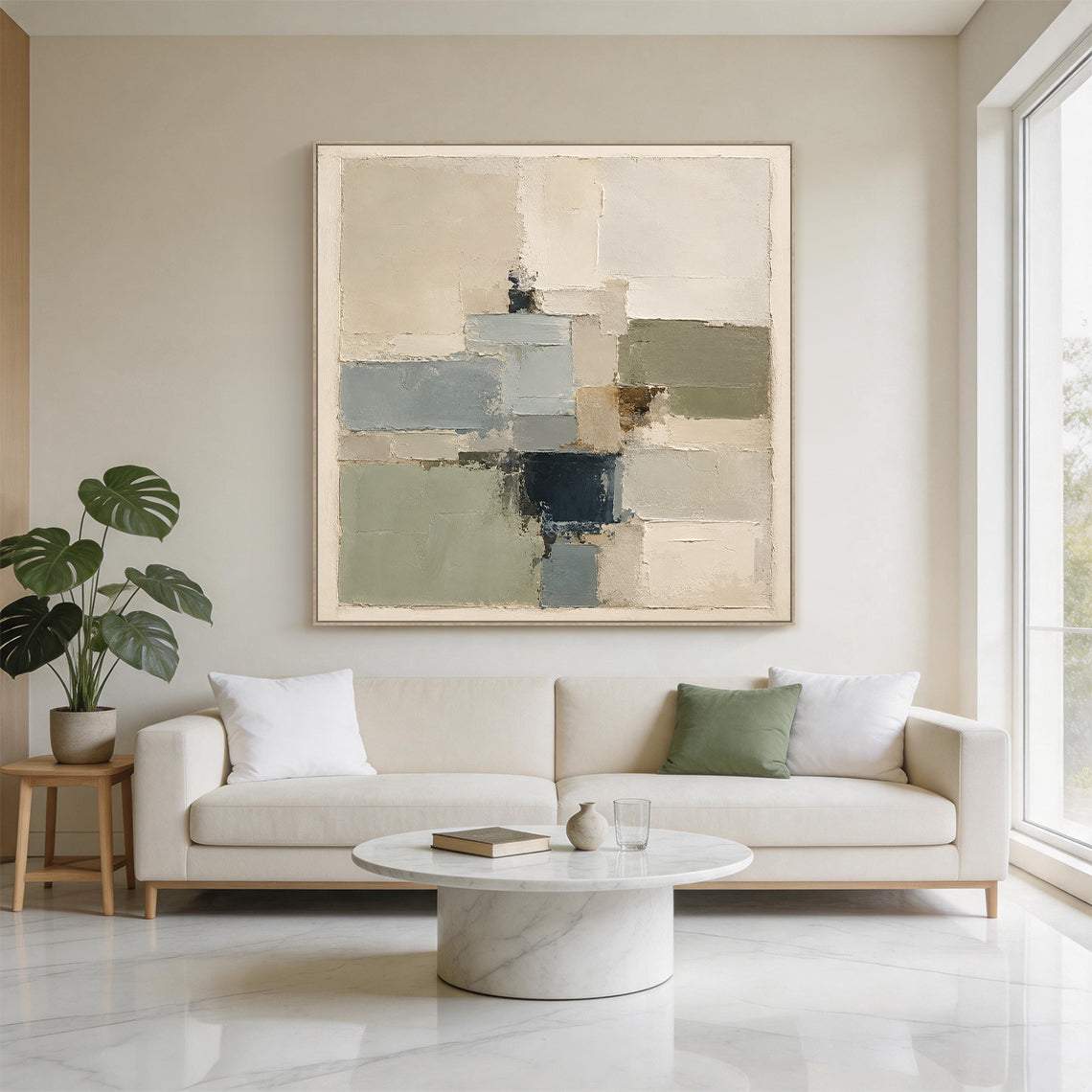 Plaster Textured Abstract Painting Japandi Beige Green Knife Painted Minimalist Luxe Wall Decor AURA752