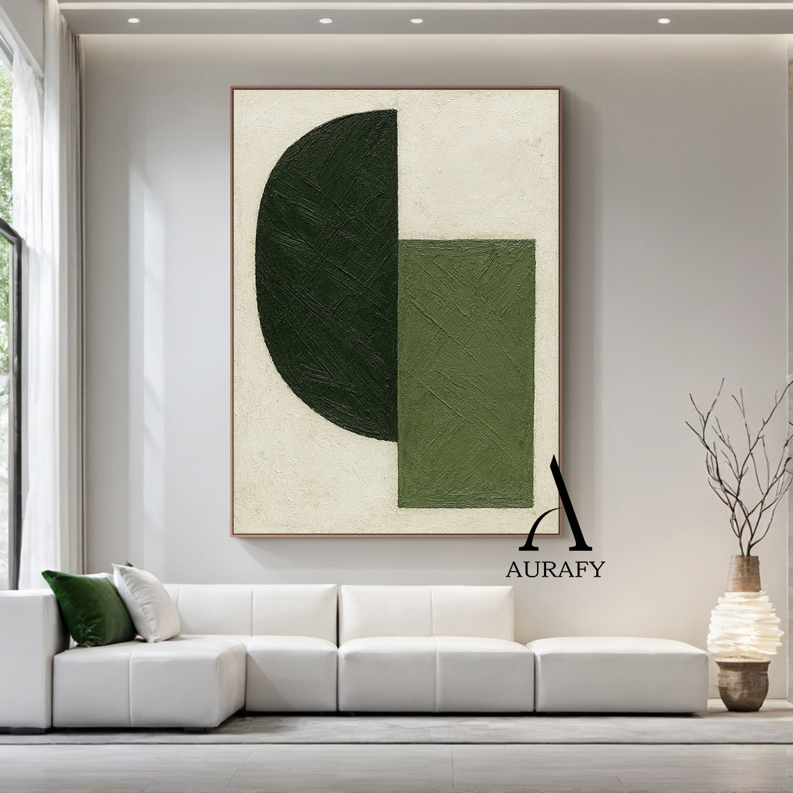 Minimalist Wall Art Green Beige Brushstroke Textured Modern Organic Abstract Geometric Art AURA546