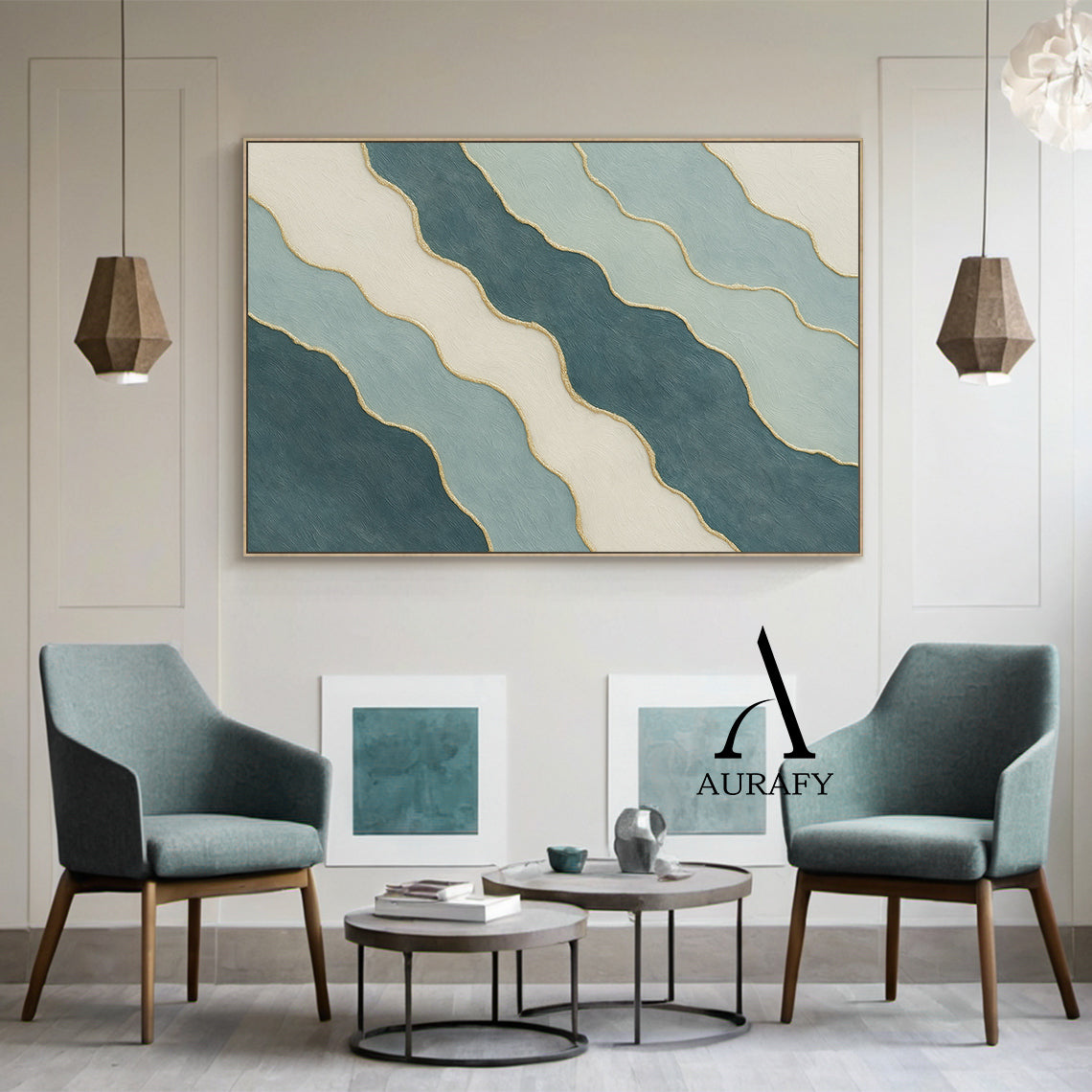 3D Textured Abstract Painting Blue White Green Gold Accent Tactile Minimalist Luxe AurafyArt AURA520