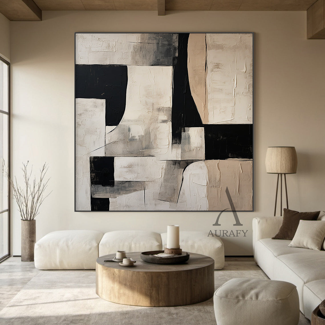 General Abstract Black Beige White Impasto Textured Tactile Surface Minimalist Luxe Artwork AURA484