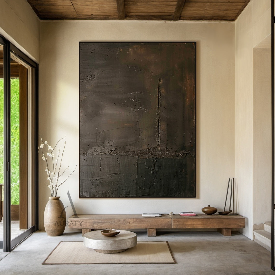 Deep Brown Tonal Abstract Wall Art with Rough Intersecting Lines - AURA829