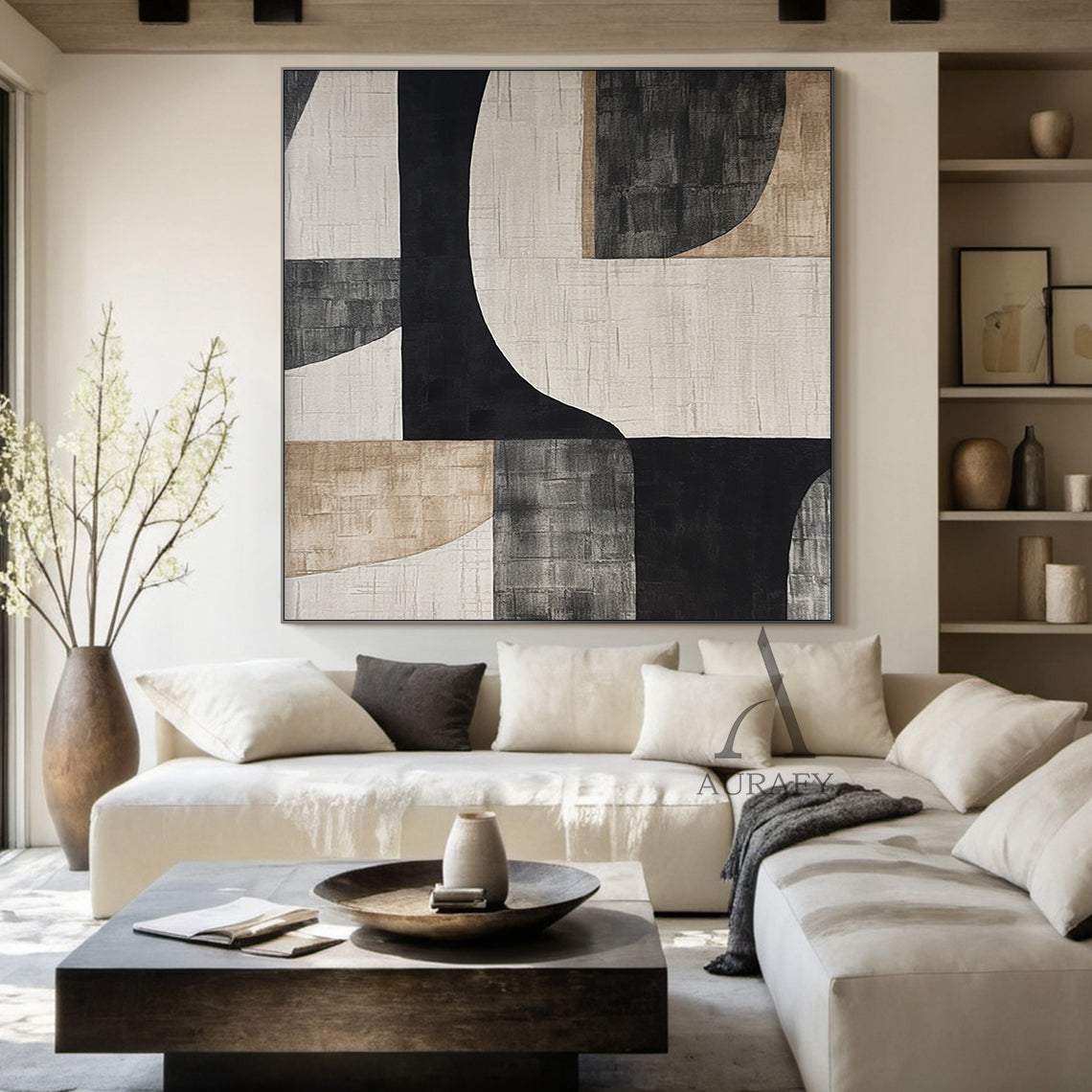 General Abstract Beige Black Subtle Tactile Canvas Texture Minimalist Luxe Wall Art AURA499