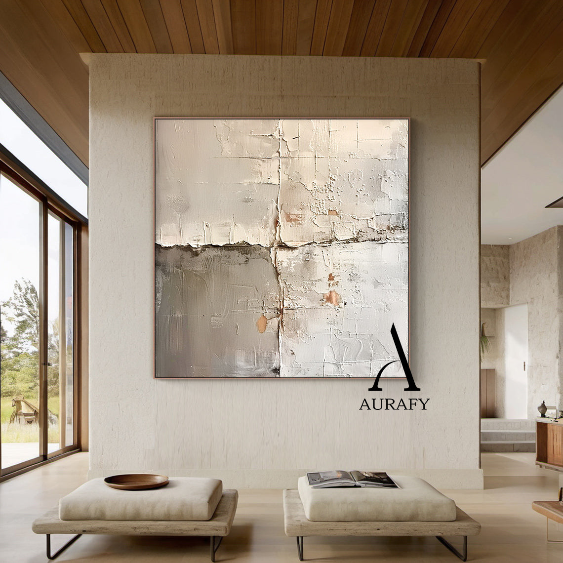 Wabi Sabi Beige Art Plaster Textured Peeling Wall Effect Handcrafted Minimalist Organic Canvas AURA563
