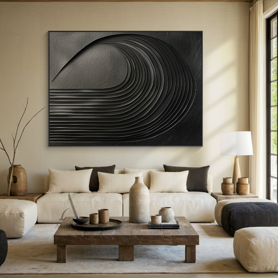 Minimalist Black Wall Art High-Relief Layered Curves Tactile Surface Modern Minimalist Piece AURA428