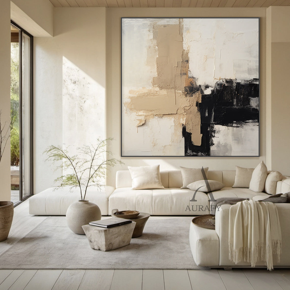 Abstract Beige White Black Plaster Textured Tactile Surface Modern Minimalist Knife Strokes Artwork AURA475