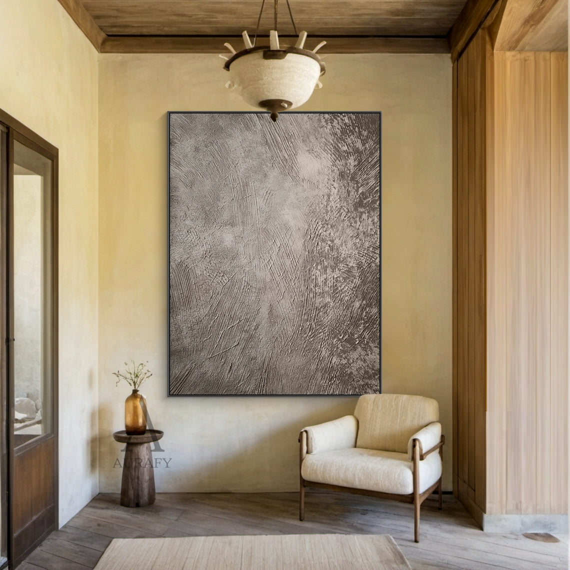 Gray Abstract Art Plaster Textured Tactile Surface Industrial Minimalist Sculpted Lines Wall Decor AURA596
