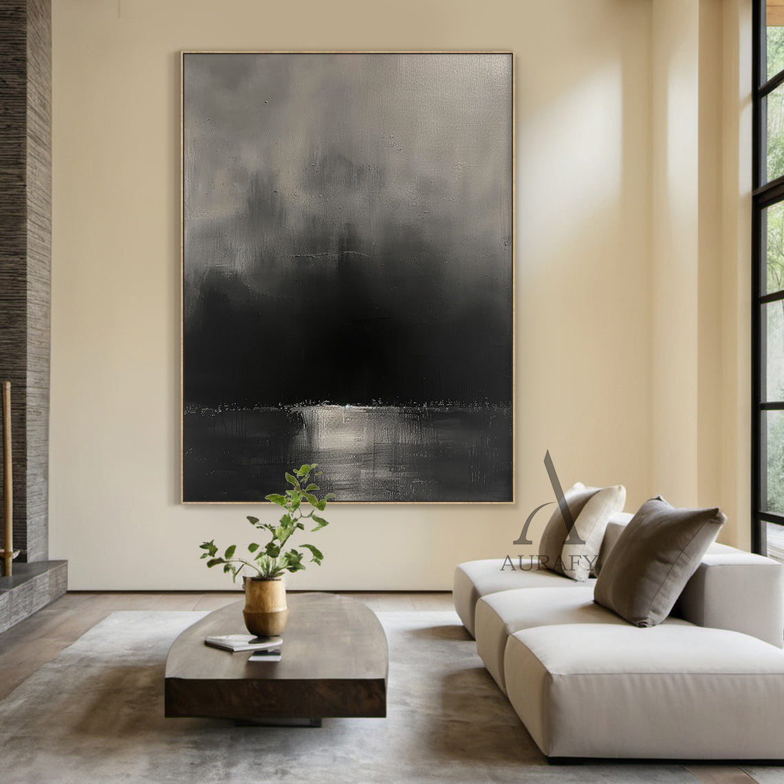 Black Abstract Art with Knife Strokes Tactile Surface Monochrome Minimalist Luxe Sculpted Canvas AURA472