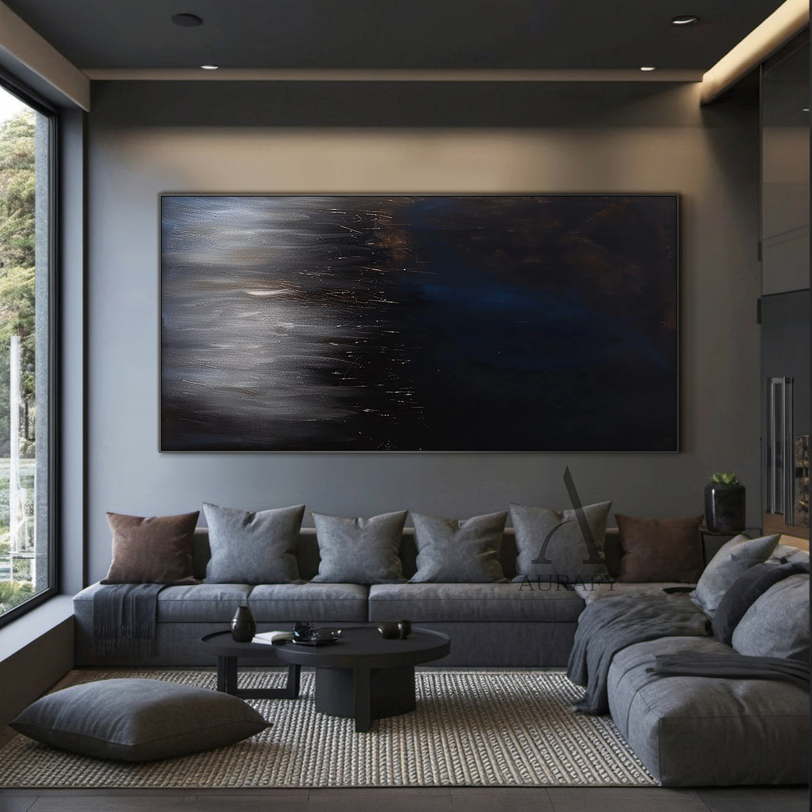 Abstract Black Blue Artwork Abstract Expressionist with flowing vertical texture, star-like light accents AURA504