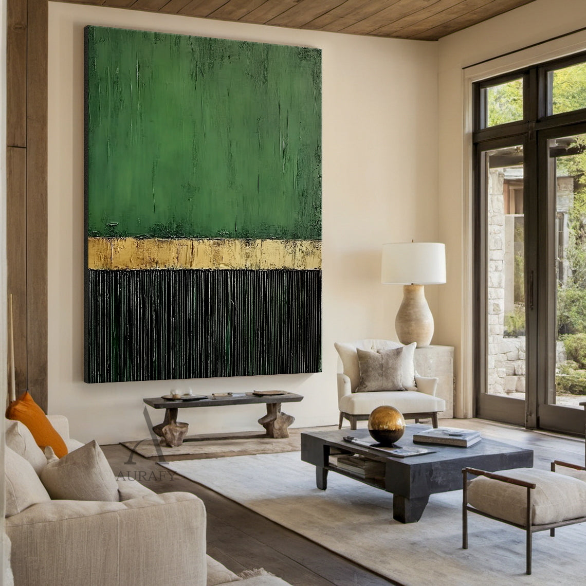 Minimalist Wall Art Green Black Textured Brush Strokes Distressed Gold Vertical Stripes Luxe Piece AURA437