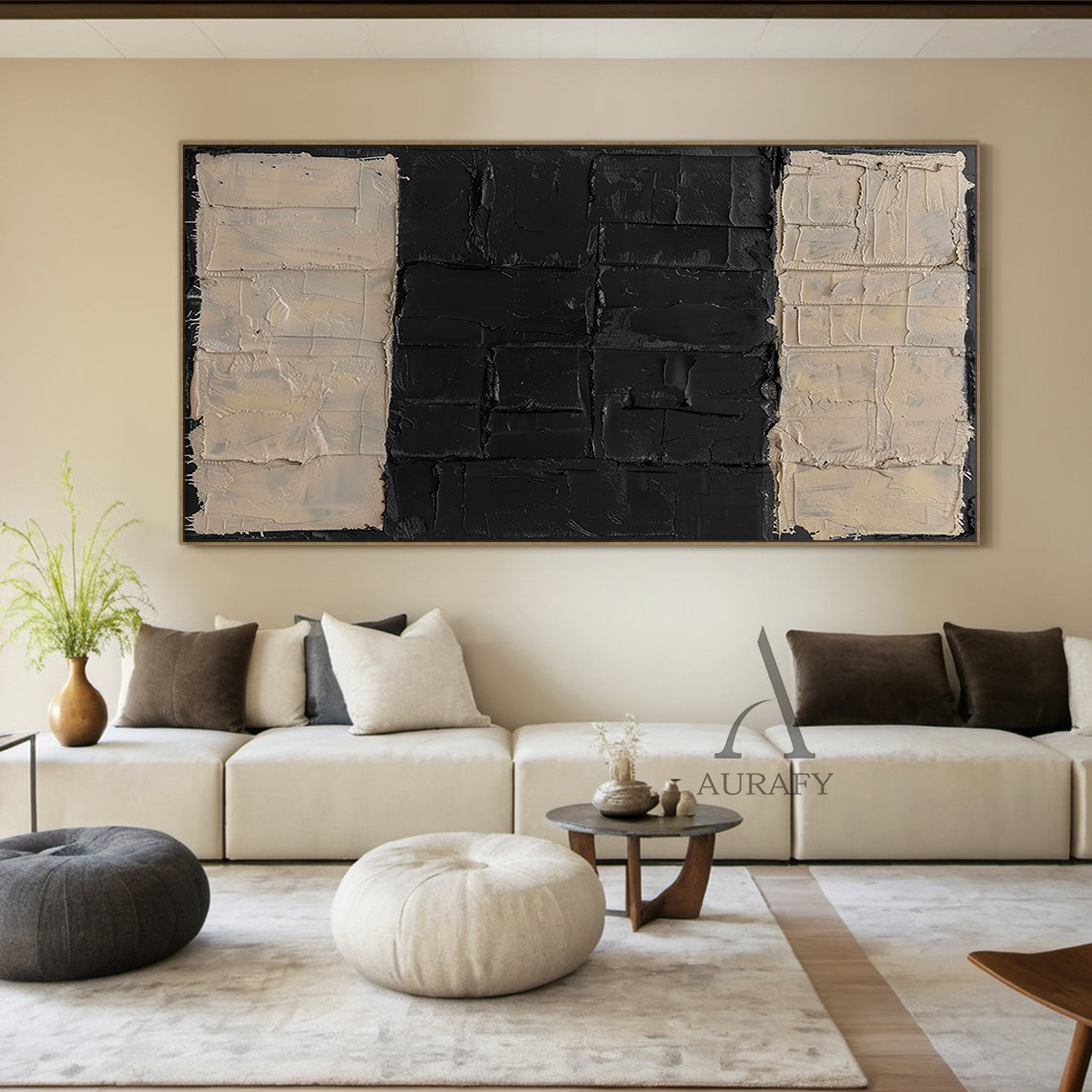 General Abstract Beige Black Impasto Texture Wabi-Sabi Tactile Artwork Modern Organic Sculpted Canvas AURA474