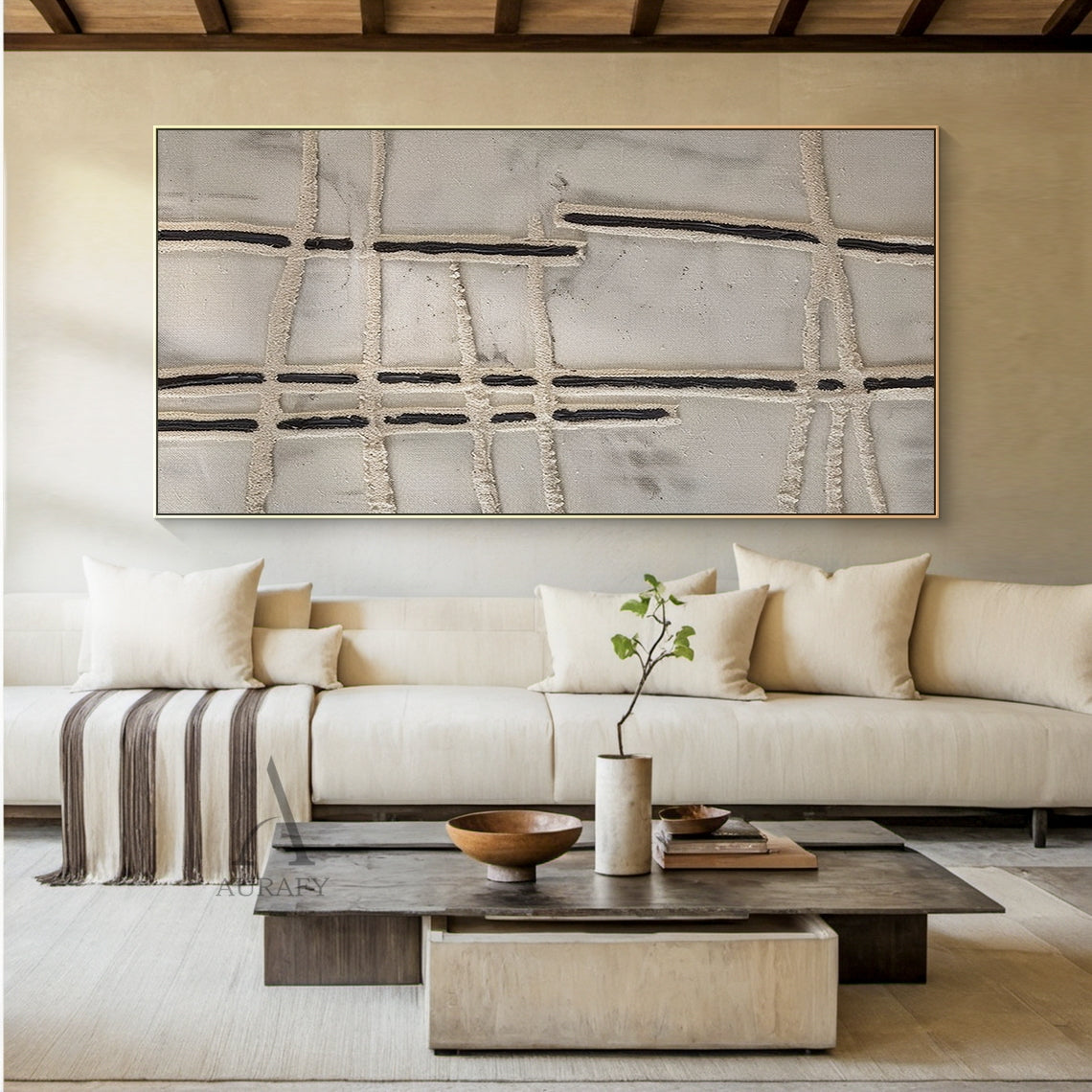 Beige Abstract Line Painting with an Irregular Textured Grid - AURA837