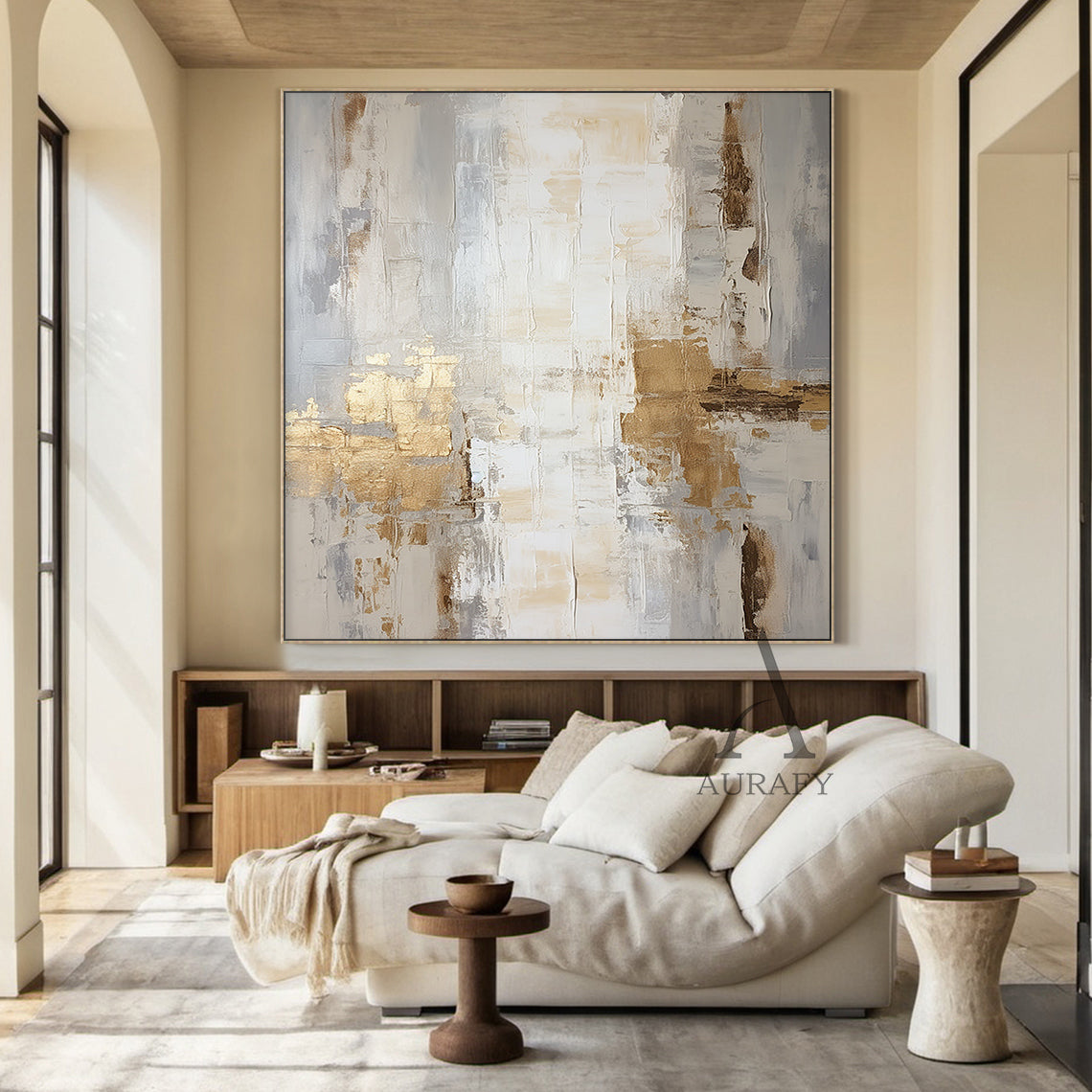 General Abstract Art White Beige Metallic Gold Impasto Texture Tactile Surface Modern Organic Canvas AURA485