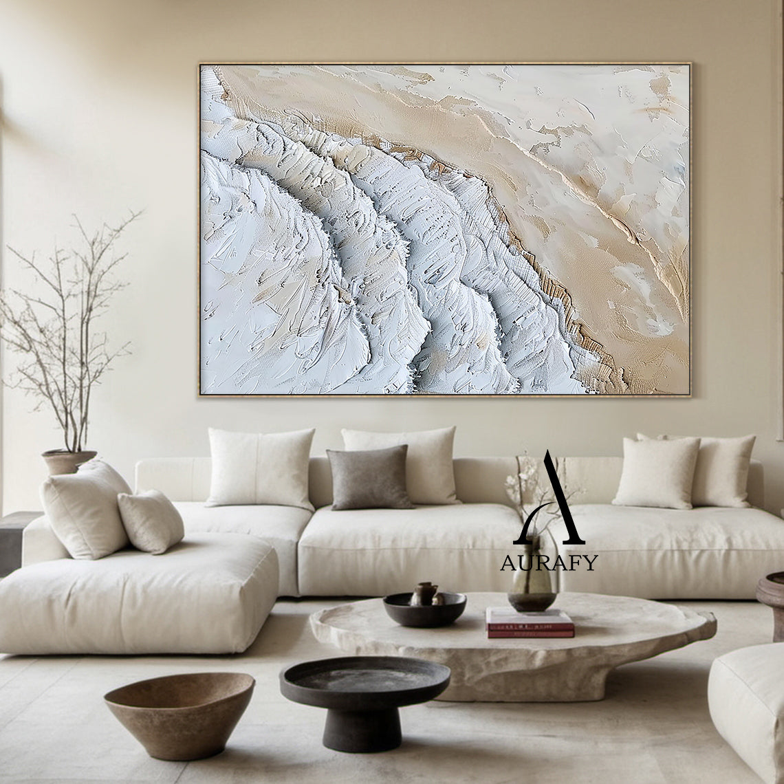 3D Textured Painting White Beige High-Relief Plaster Tactile Surface Minimalist Luxe Artwork AURA533