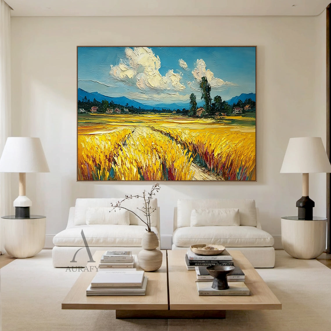Impasto Textured Yellow Blue Wheat Field Landscape Hand Painted Oil Painting Wall Art Canvas Decor AURA745