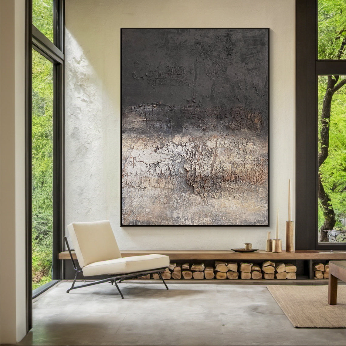 Eroded Calm — Charcoal Beige Textured Wall Art – AURA071