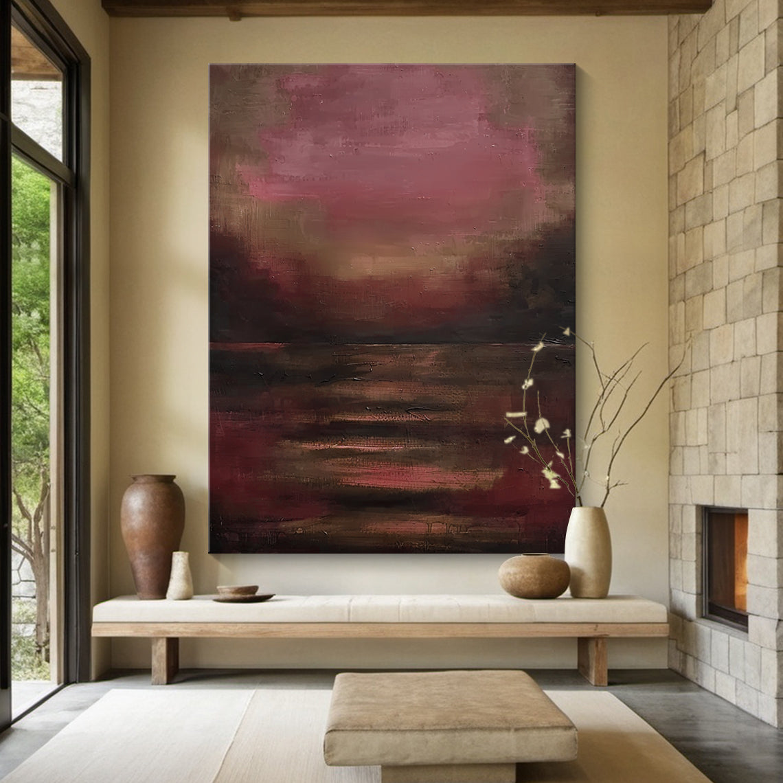 Crimson Stillness-Red Abstract Minimalist Art-AURA116