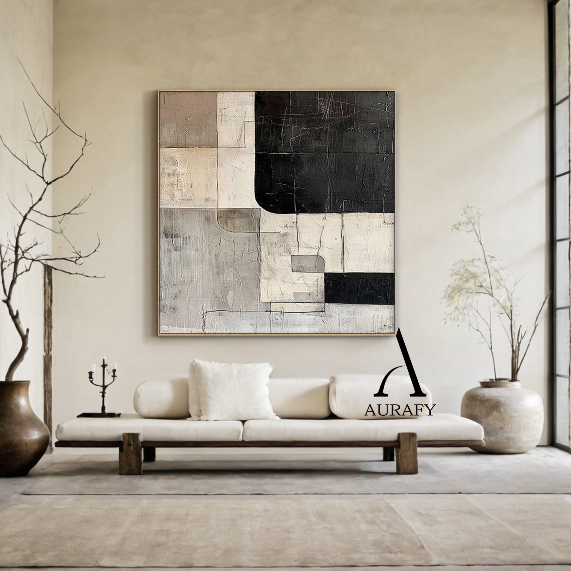 Wabi Sabi Abstract Art Tactile Scratch Textured Black Beige Gray Modern Organic Wall Decor AURA566
