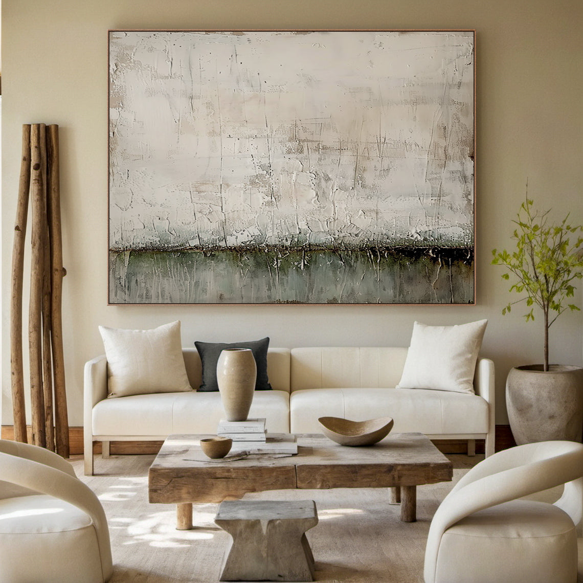 Wabi Sabi Plaster Textured Beige Green Impasto Scuffed Peeling Dripped Modern Artwork AURA576