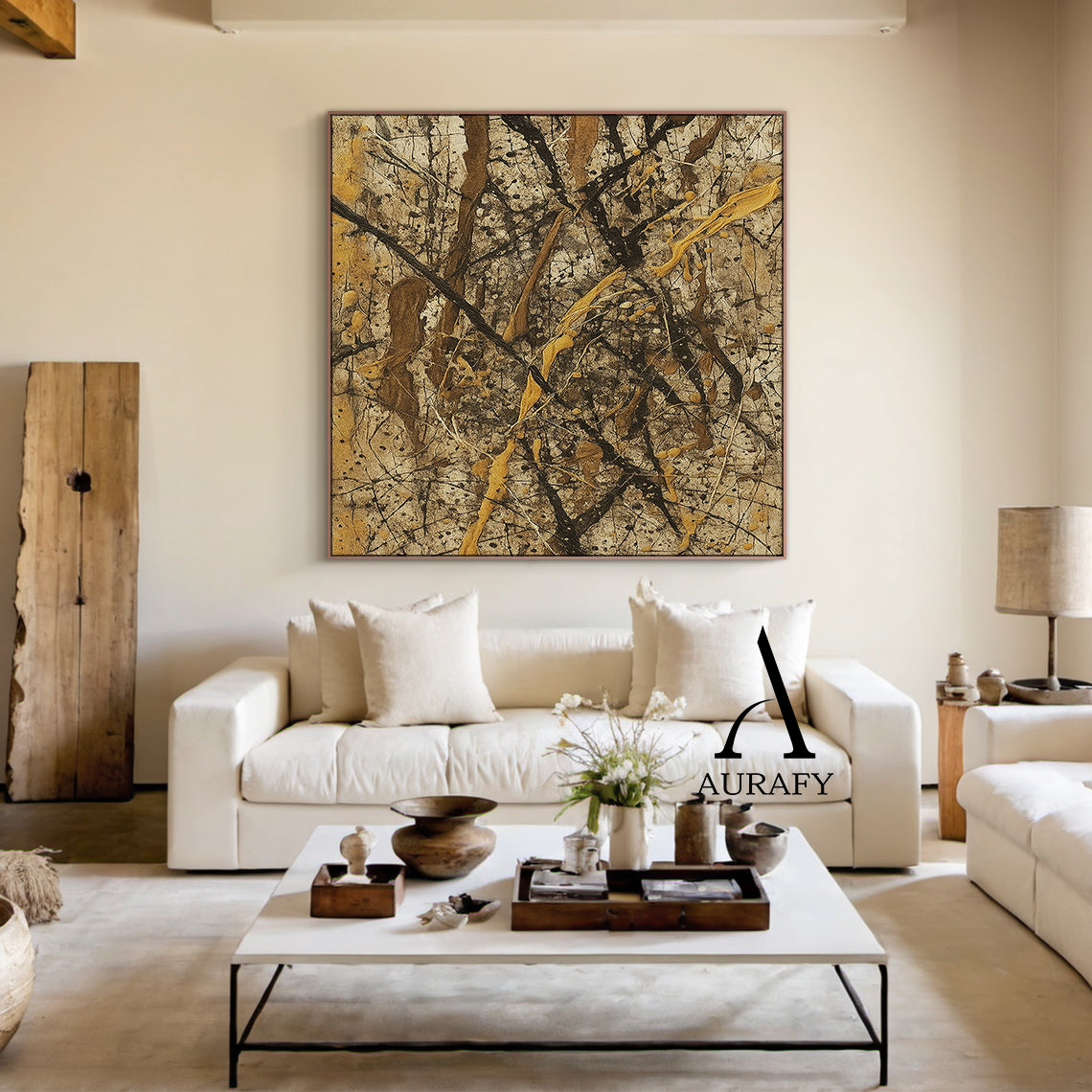 Wabi Sabi Brown Abstract Art Textured Canvas Splattered Earthy Tones Organic Branch Lines Tactile Surface AURA569